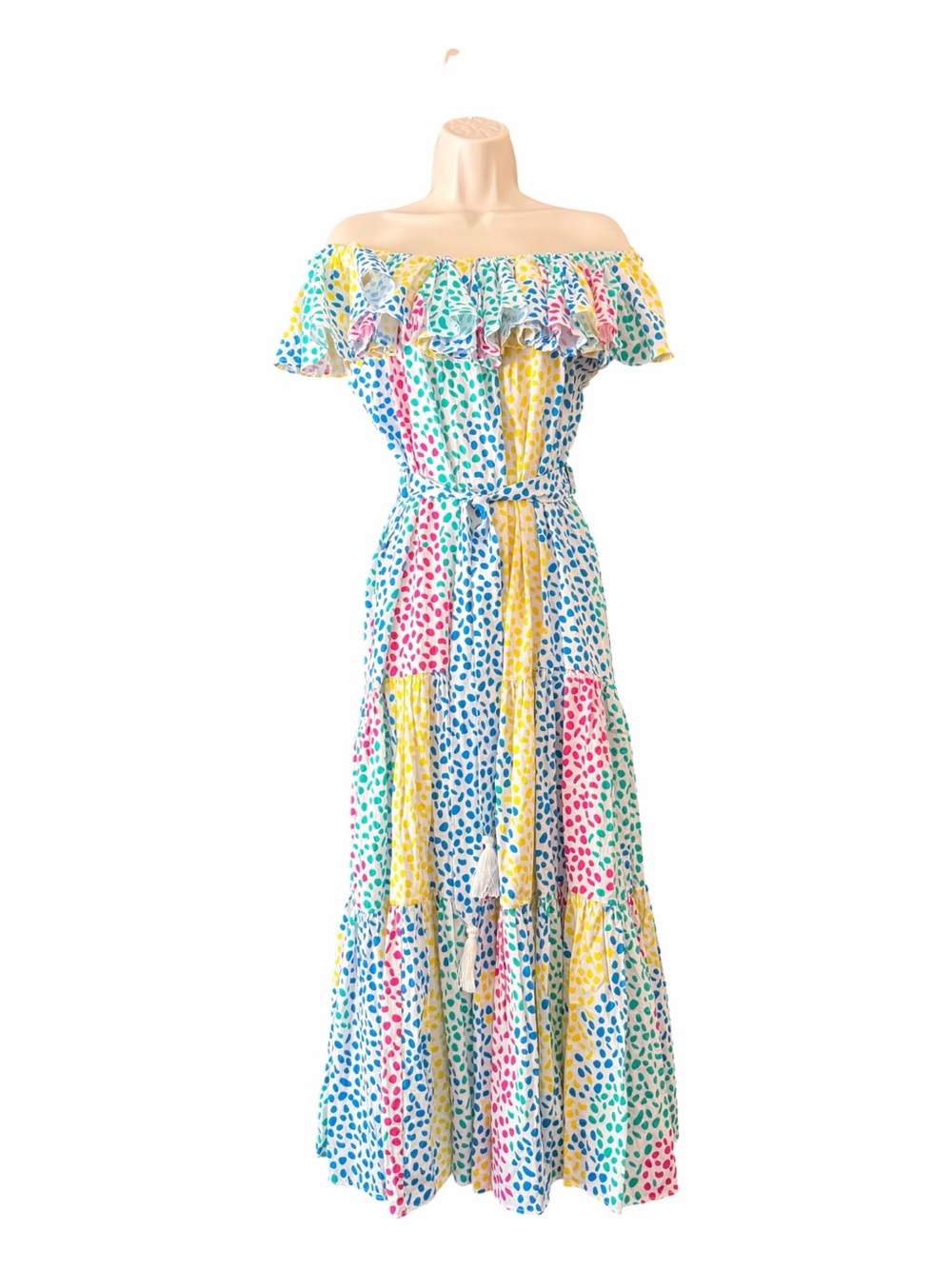 Paolita Off-Shoulder Maxi Dress in Blue, Yellow, Pink & Green Polka Dot Small
